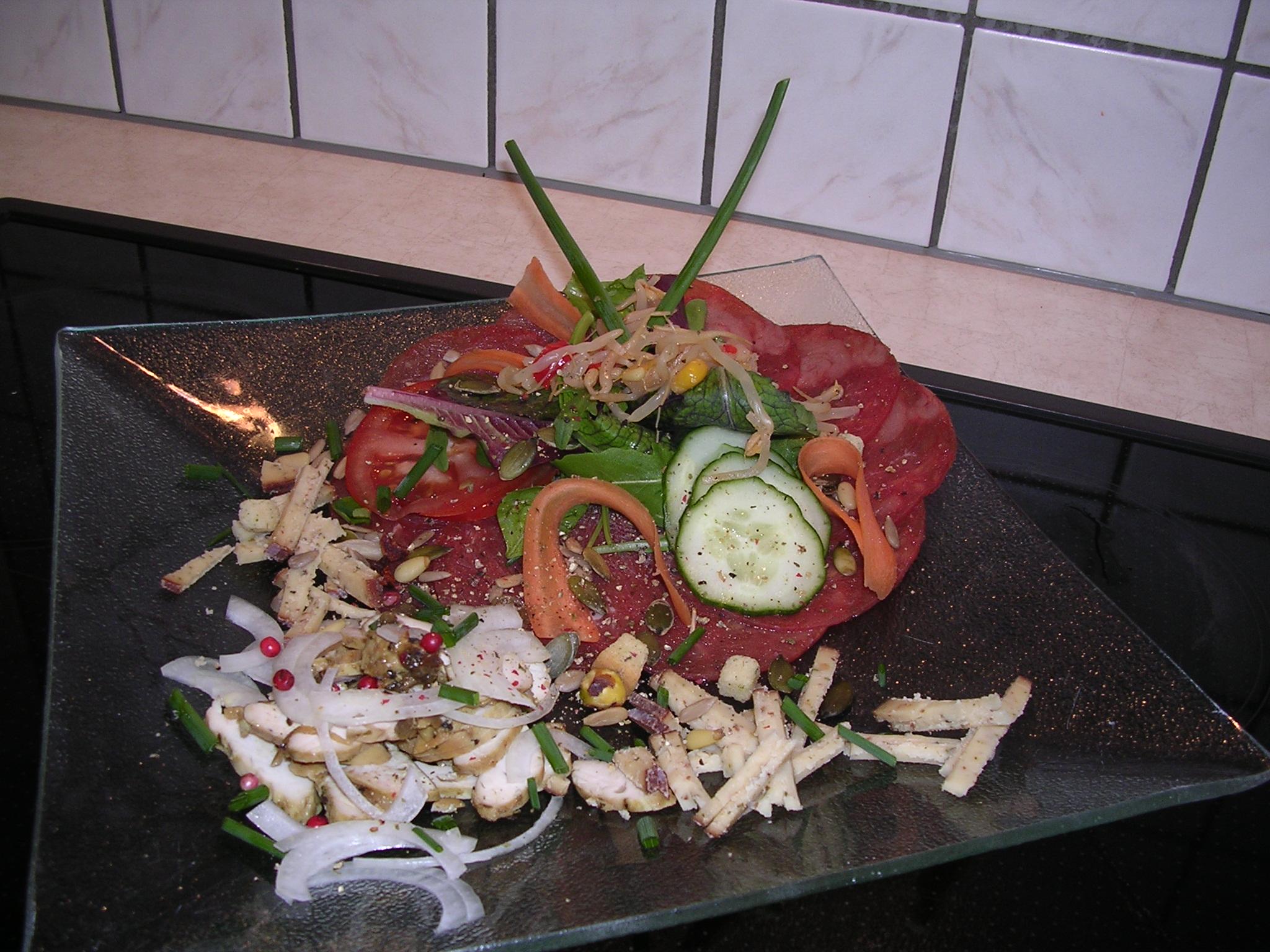 Gerookte kalkoen met carpaccio van runds 