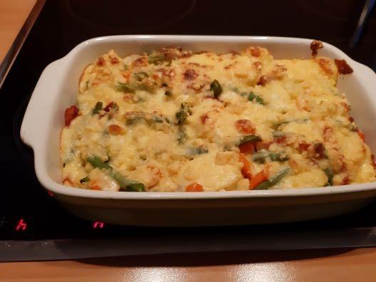 Aardappel groentegratin met baconreepjes