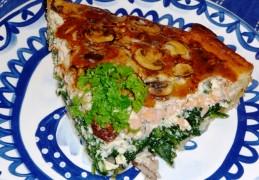 Quiche met spinazie, gerookte zalm en (kastanje)champignons