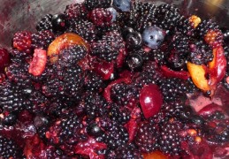 Jam van zomerfruit (braam, framboos, blauwe bes, kers, pruim)